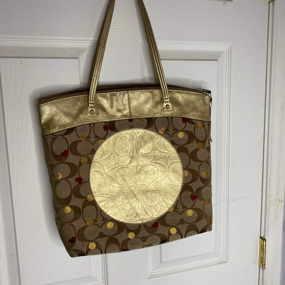 Coach Gold and Brown Shoulder Bag
